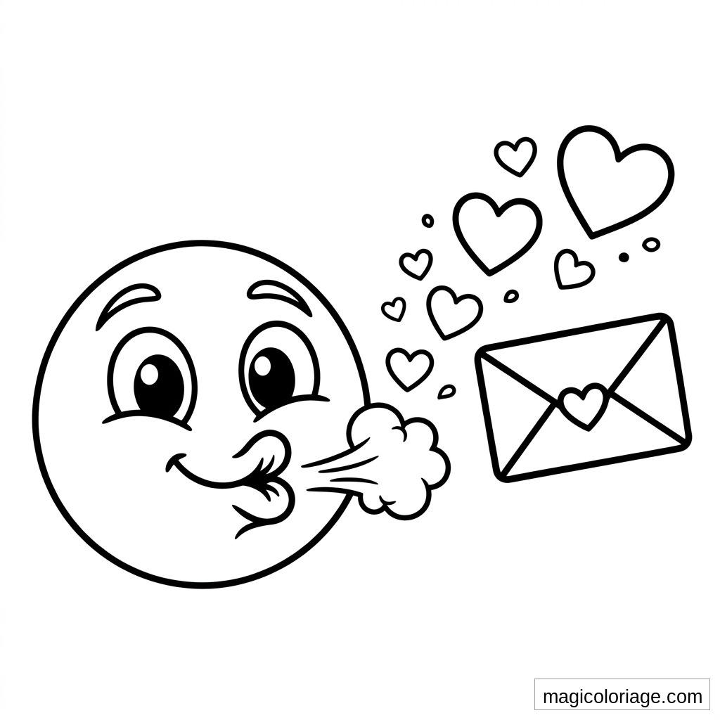 Coloriage emoji qui souffle une lettre d’amour avec enveloppe, cœur et petits cœurs volants