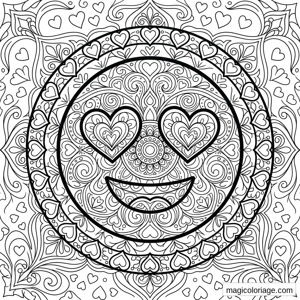 Coloriage emoji amoureux avec yeux en cœur, sourire et motifs mandala remplis de petits cœurs