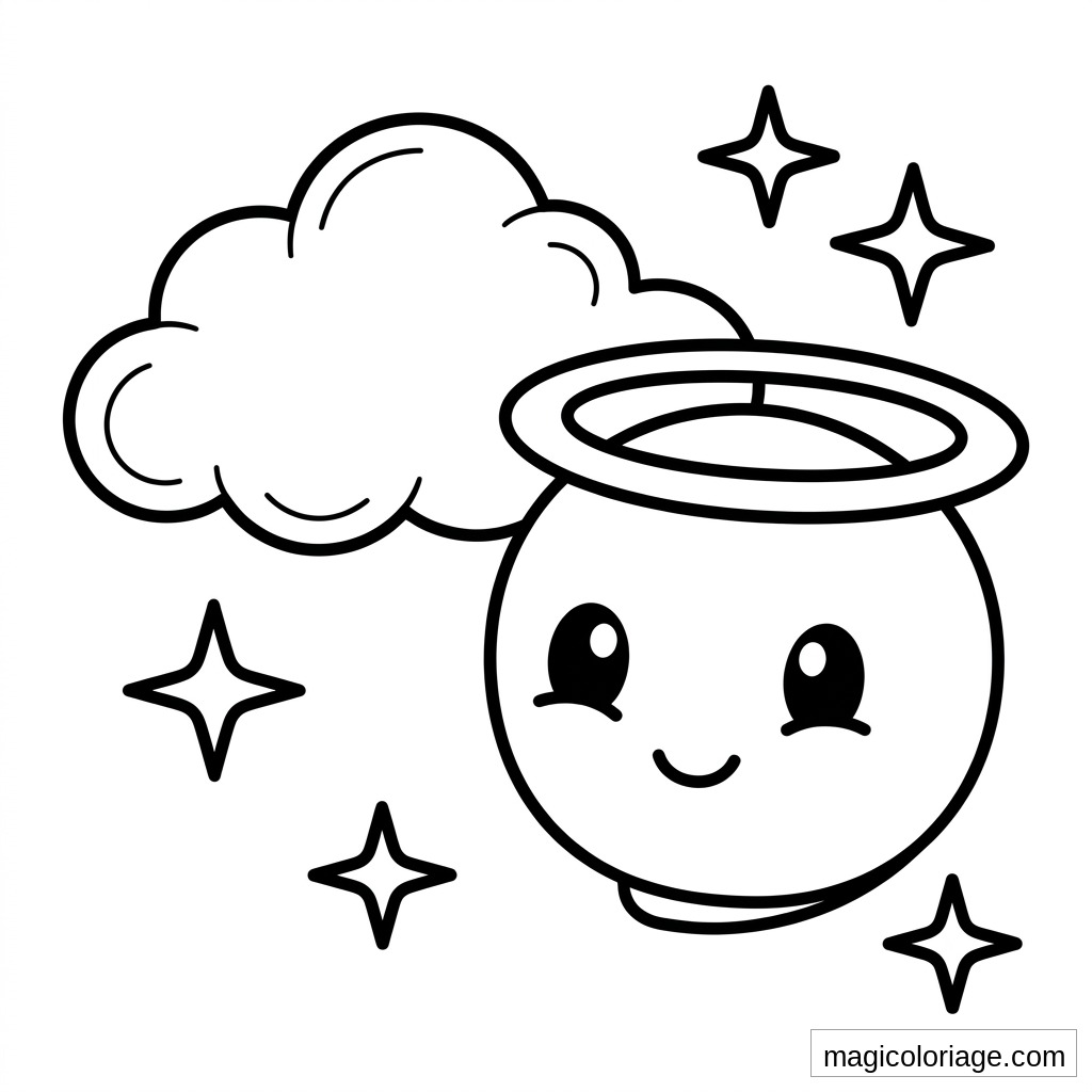 Coloriage emoji ange avec auréole, nuage et étoiles à imprimer