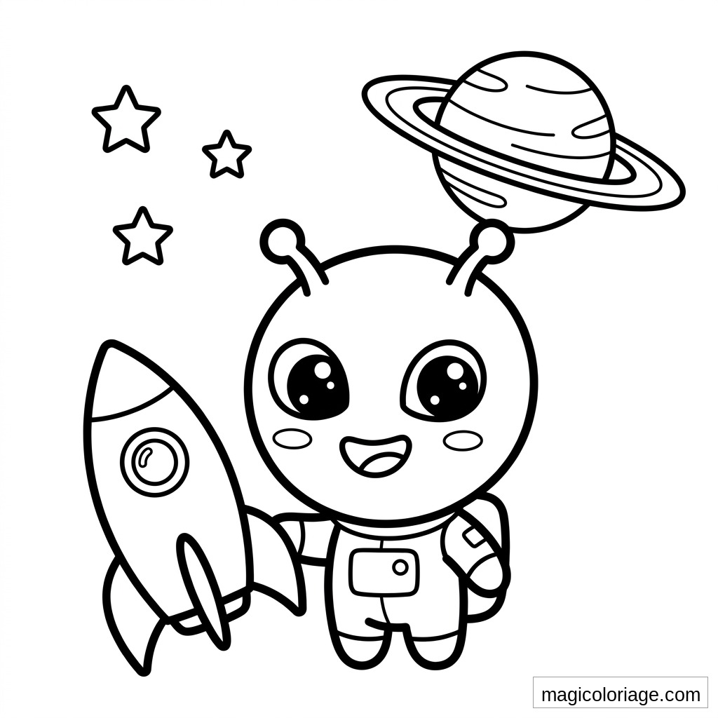 Coloriage emoji astronaute avec fusée, étoiles et planète à anneaux dans l’espace