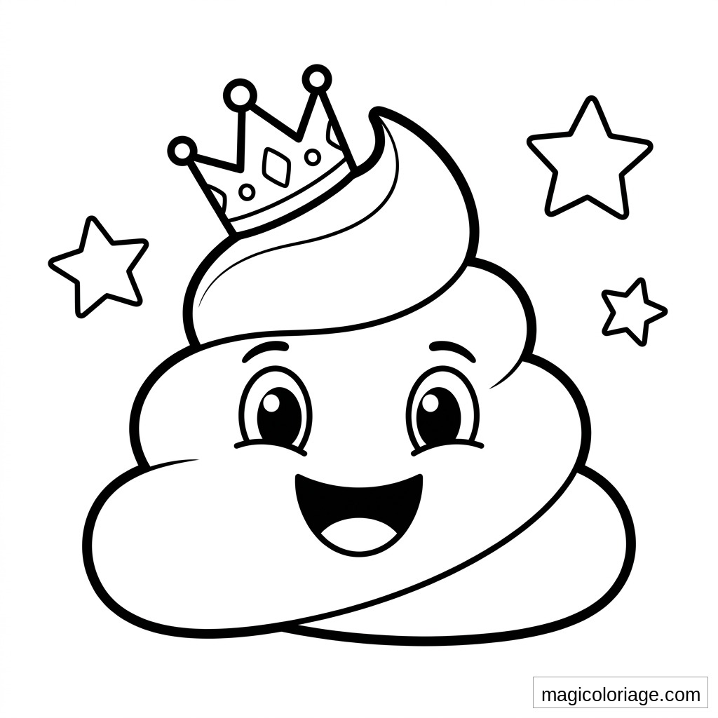 Coloriage emoji caca couronné avec sourire, grandes étoiles et couronne de roi à imprimer