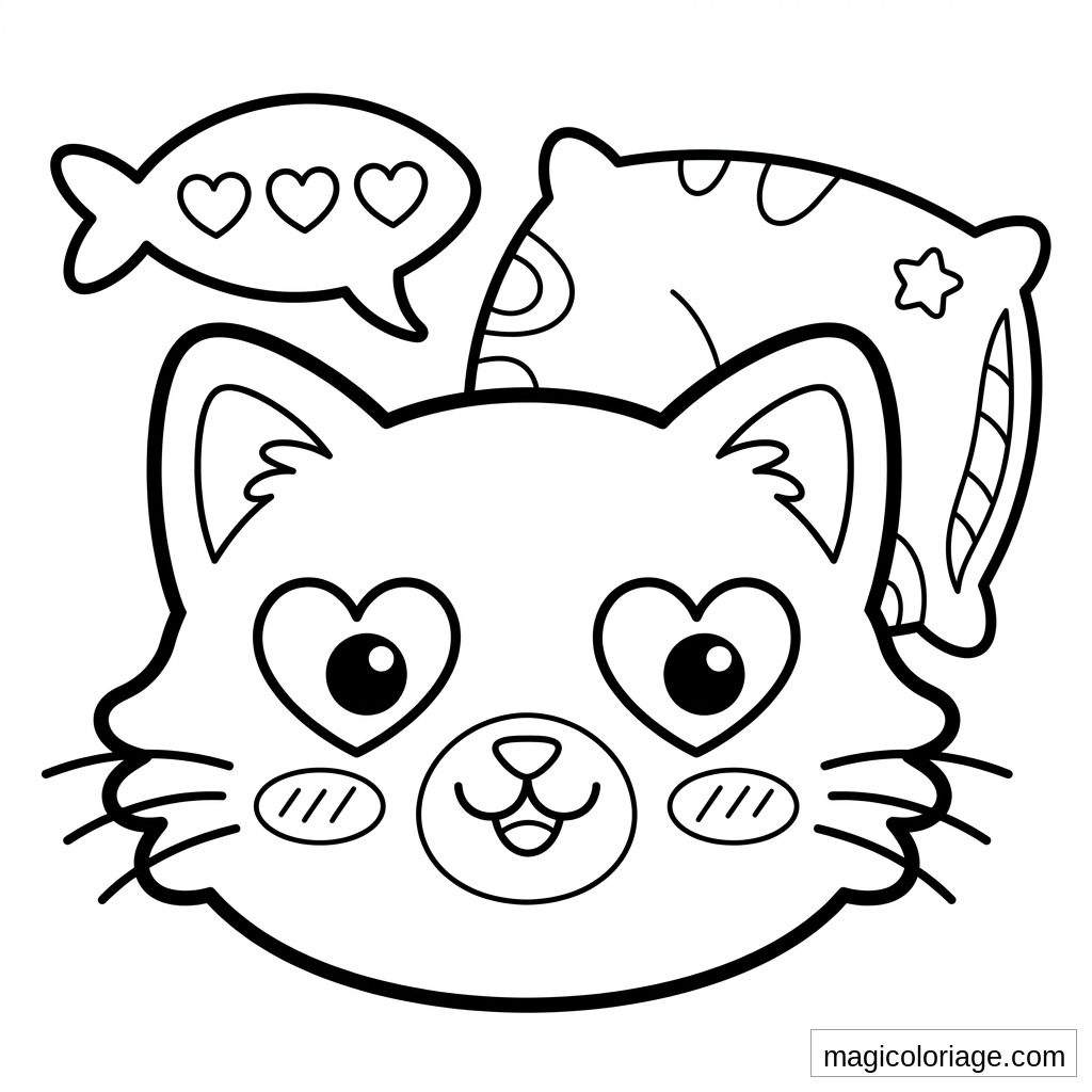 Coloriage emoji chat amoureux avec yeux en cœur, bulle de cœurs et coussin décoré