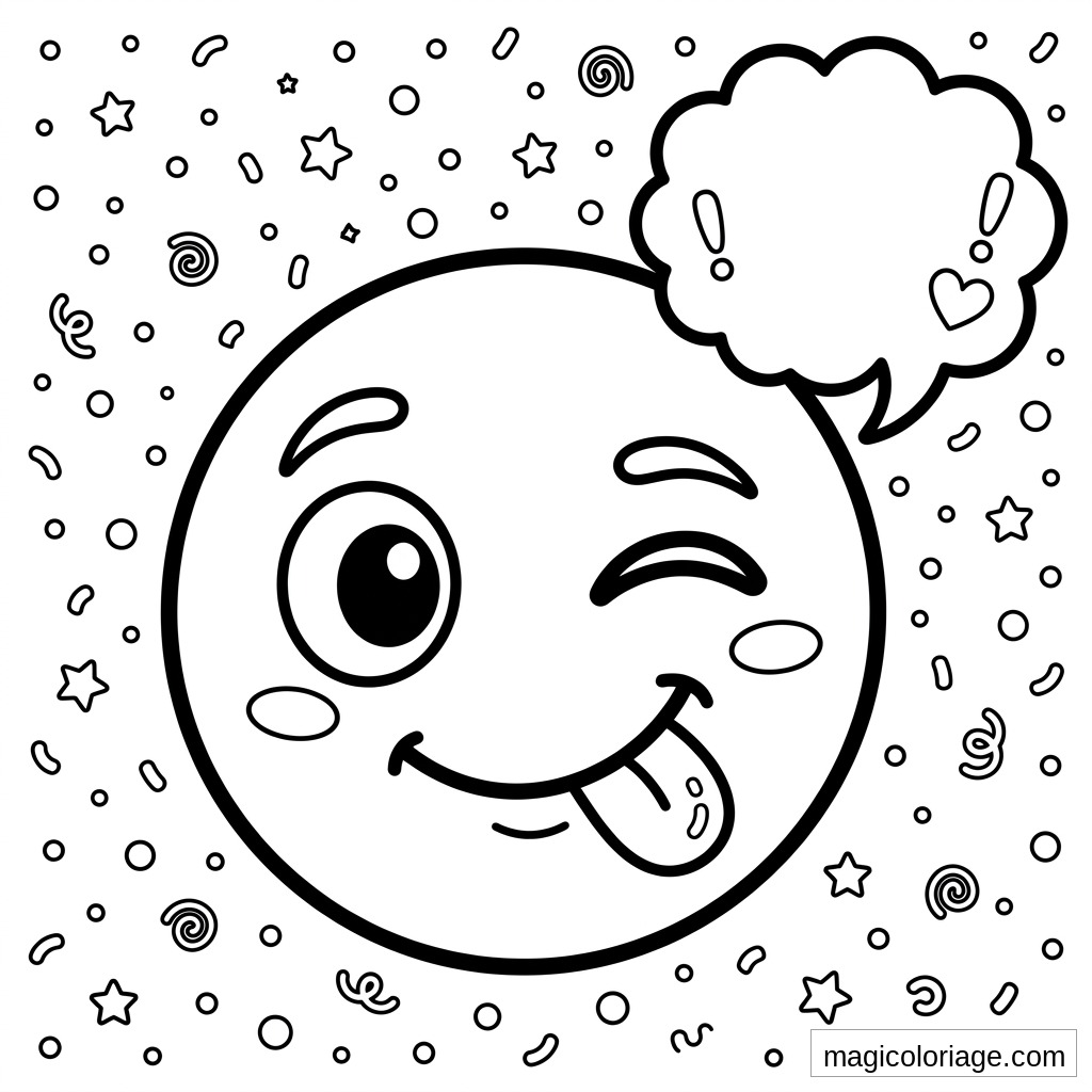Coloriage emoji clin d’œil tirant la langue avec bulle de pensée, cœur, étoiles et confettis