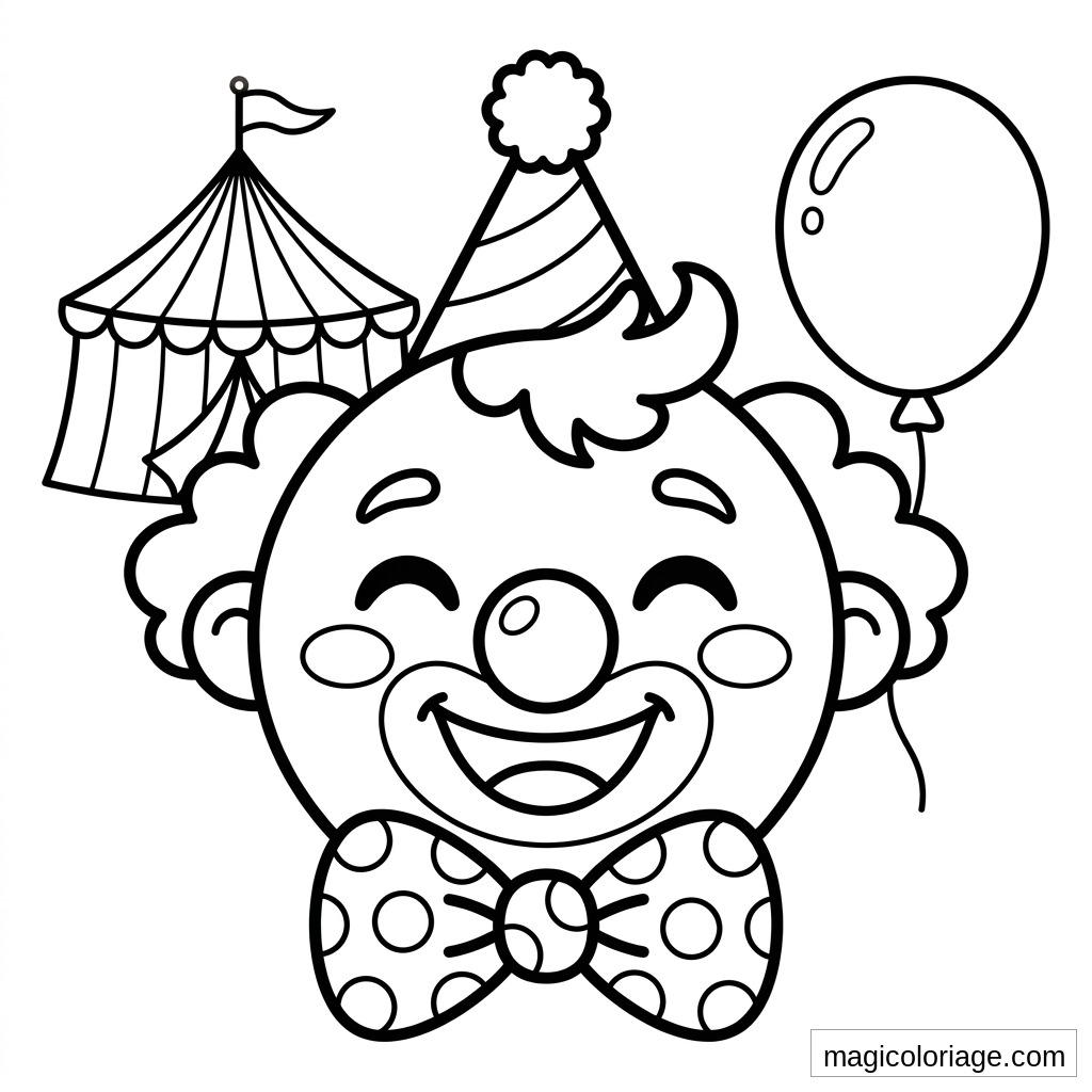 Coloriage emoji clown souriant avec chapeau de fête, chapiteau de cirque, ballon et nœud papillon à pois