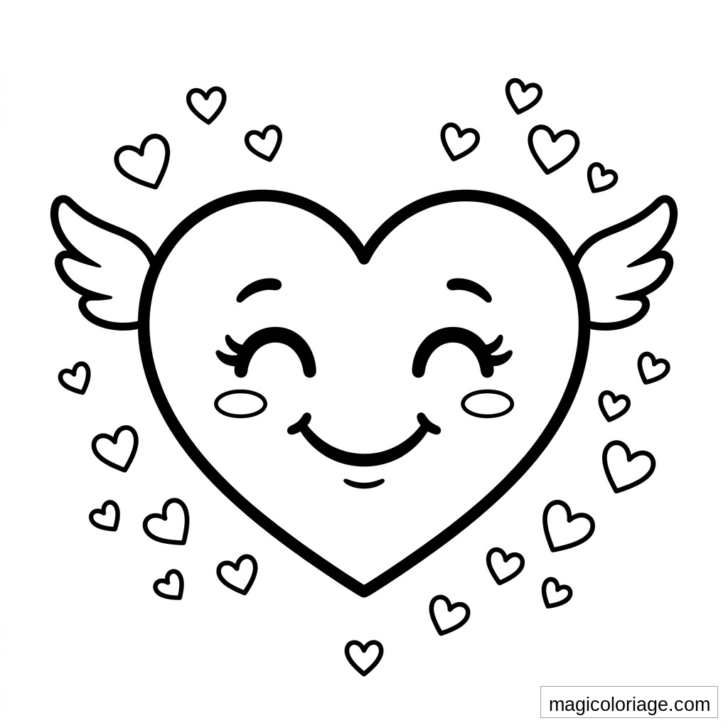 Coloriage emoji cœur souriant avec ailes, joues roses et petits cœurs autour à imprimer