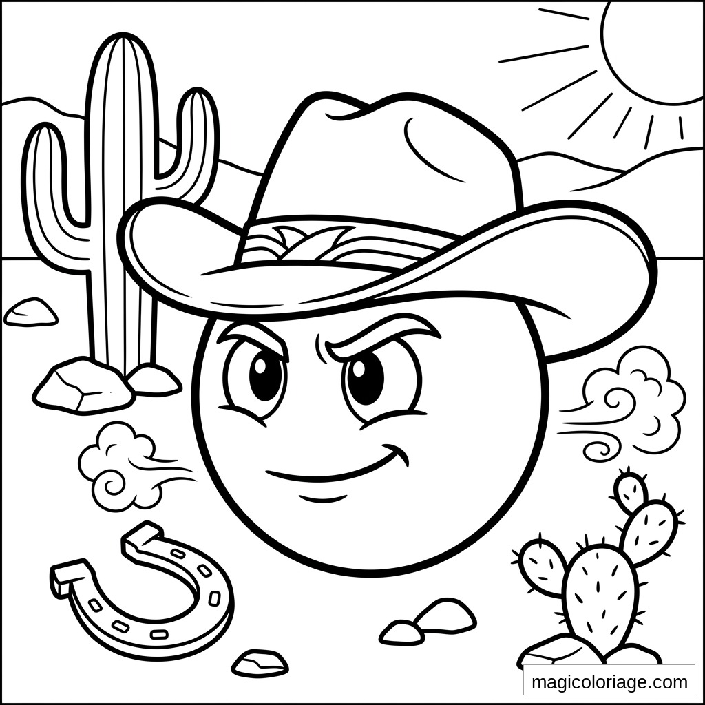 Coloriage emoji cow-boy avec chapeau, cactus, soleil, fer à cheval et décor de désert western