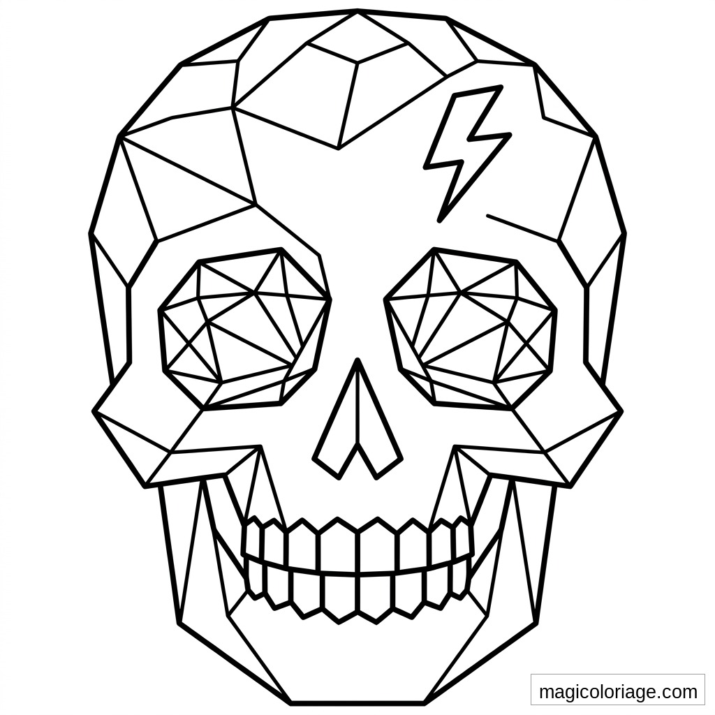 Coloriage emoji crâne géométrique avec yeux en cristal, dents et éclair sur le front