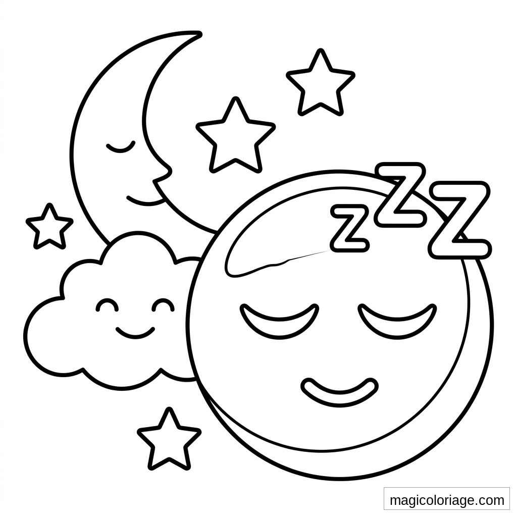 Coloriage emoji endormi avec lune, nuage souriant, étoiles et lettres Z de sommeil