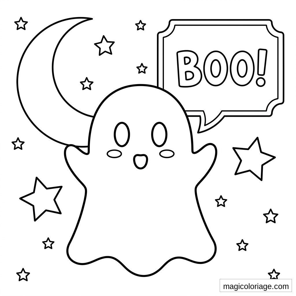 Coloriage emoji fantôme avec lune, étoiles et bulle BOO à imprimer