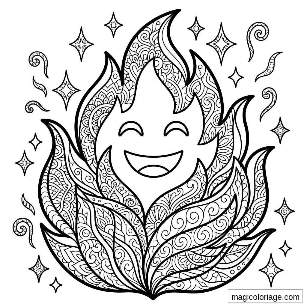 Coloriage emoji flamme souriante avec motifs mandala, étoiles et volutes à imprimer