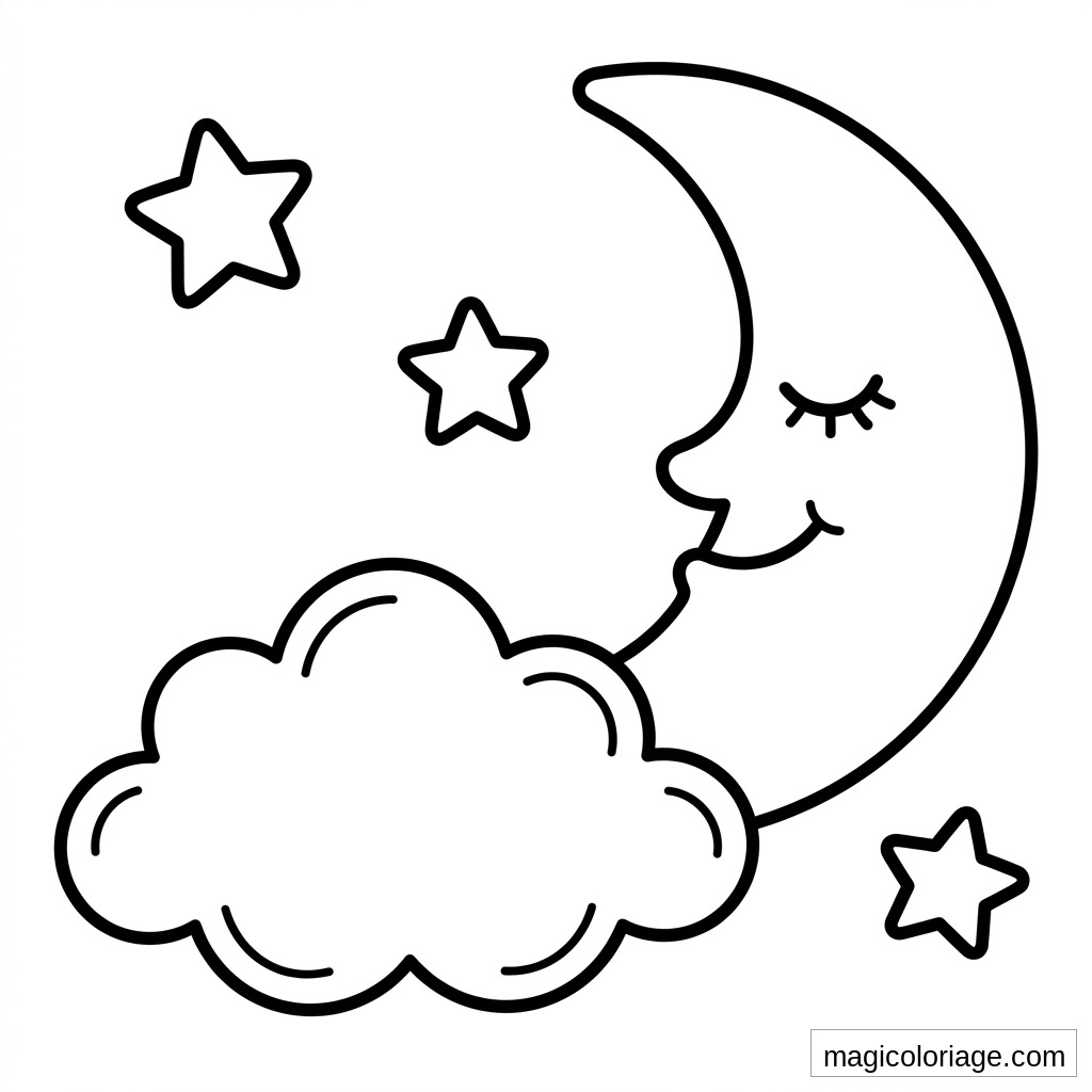 Coloriage emoji lune endormie sur nuage avec trois étoiles, dessin nuit à imprimer