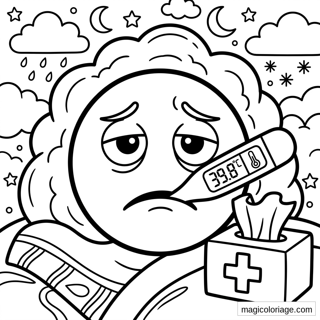 Coloriage emoji malade avec thermomètre à 39,6 °C, couverture, mouchoirs, nuages, lune et étoiles