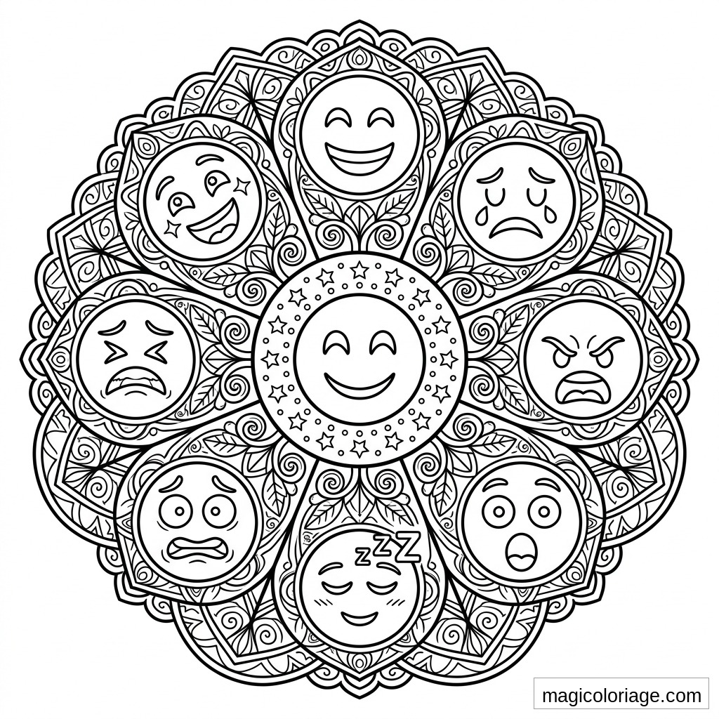 Coloriage emoji mandala avec visages émotions, étoiles, feuilles et motifs décoratifs