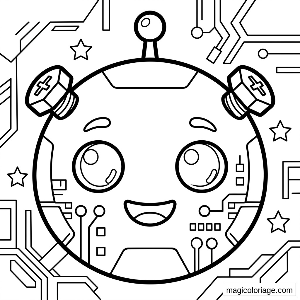 Coloriage emoji robot souriant avec antenne, boulons, grands yeux et décor de circuits électroniques