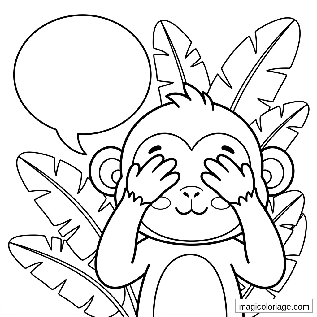 Coloriage emoji singe qui cache ses yeux avec bulle de parole et feuilles tropicales