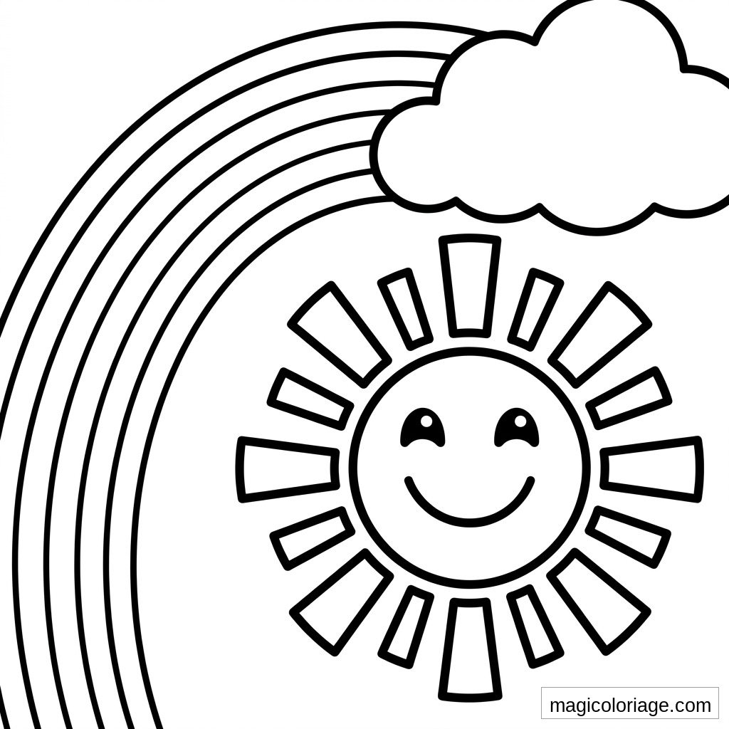 Coloriage emoji soleil souriant avec arc-en-ciel, nuage et rayons à imprimer