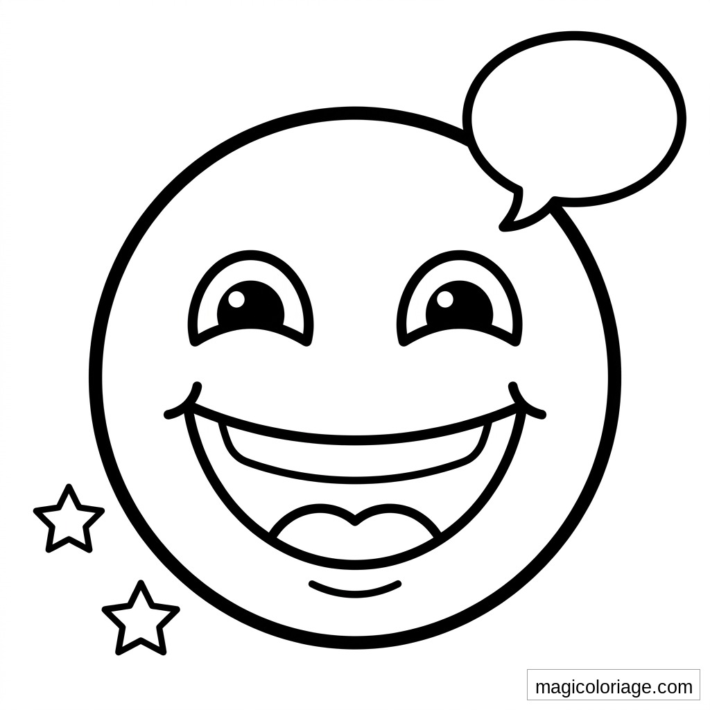Coloriage emoji souriant avec bulle de parole vide et deux étoiles à imprimer