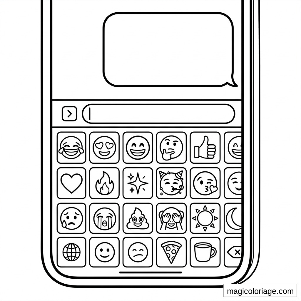 Coloriage emoji sur smartphone avec bulle de message, clavier d’emojis, cœur, pizza et pouce levé