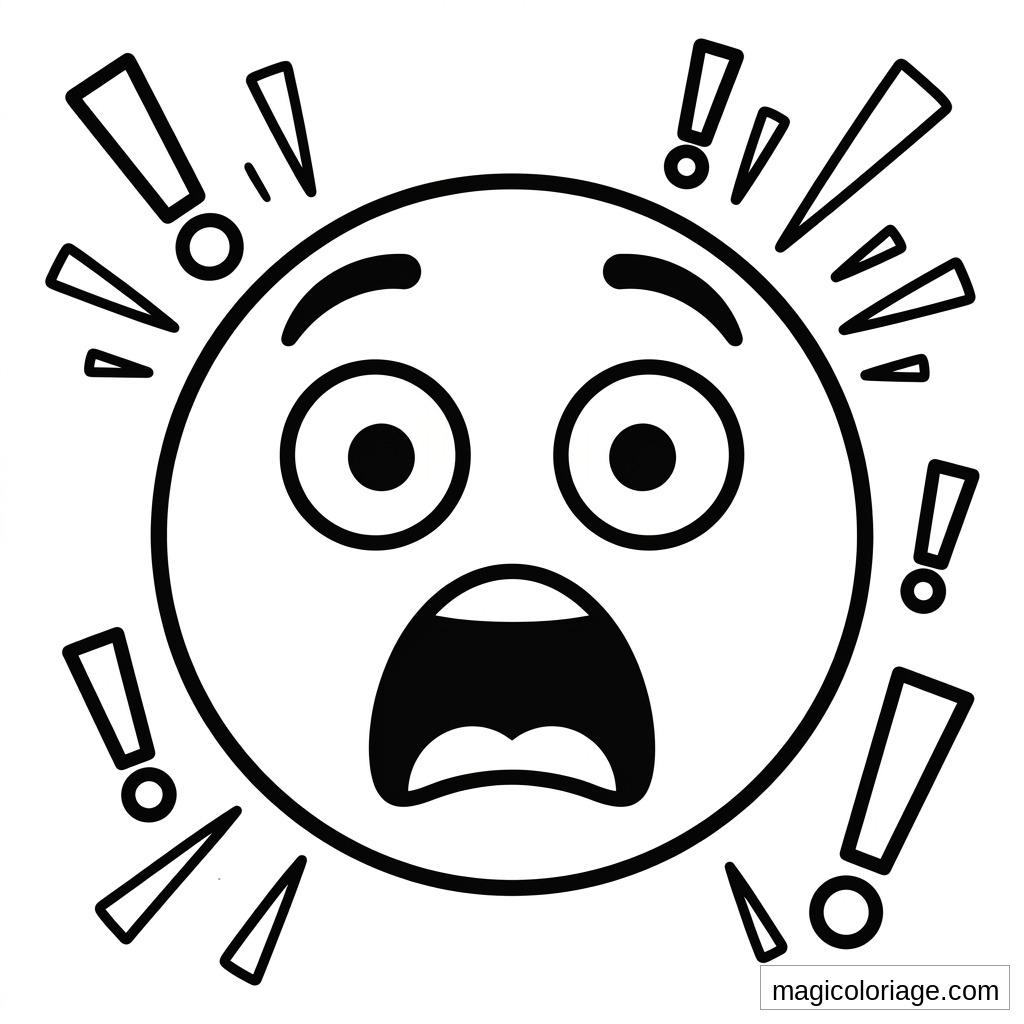 Coloriage emoji surpris avec yeux ronds, bouche ouverte et points d’exclamation autour du visage