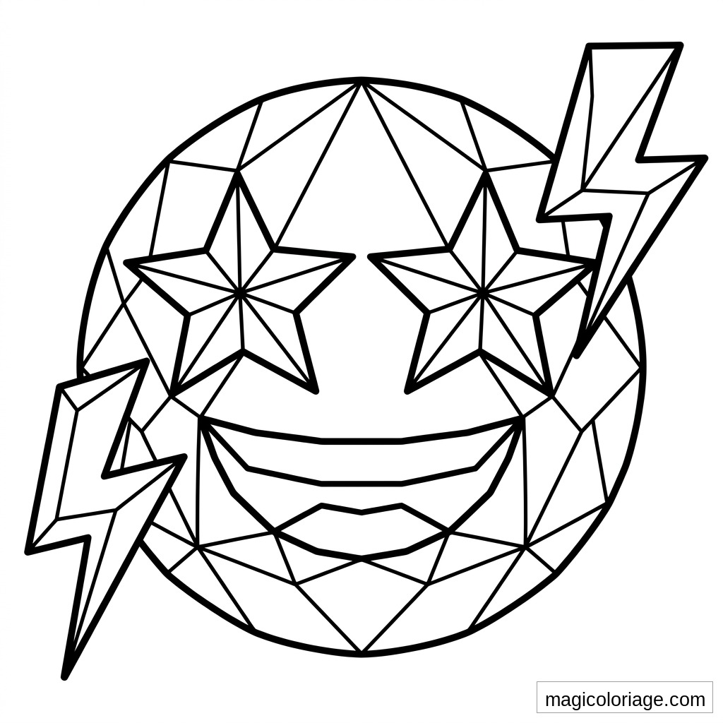 Coloriage emoji sourire avec yeux étoiles, éclairs et facettes géométriques à imprimer