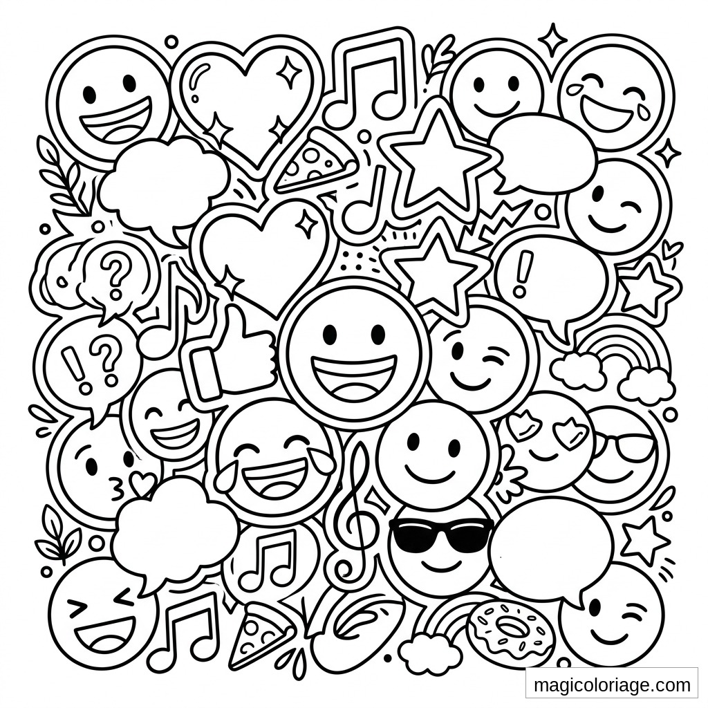 Coloriage emoji avec visages souriants, bulles, cœurs, étoiles, notes de musique, pizza et donut