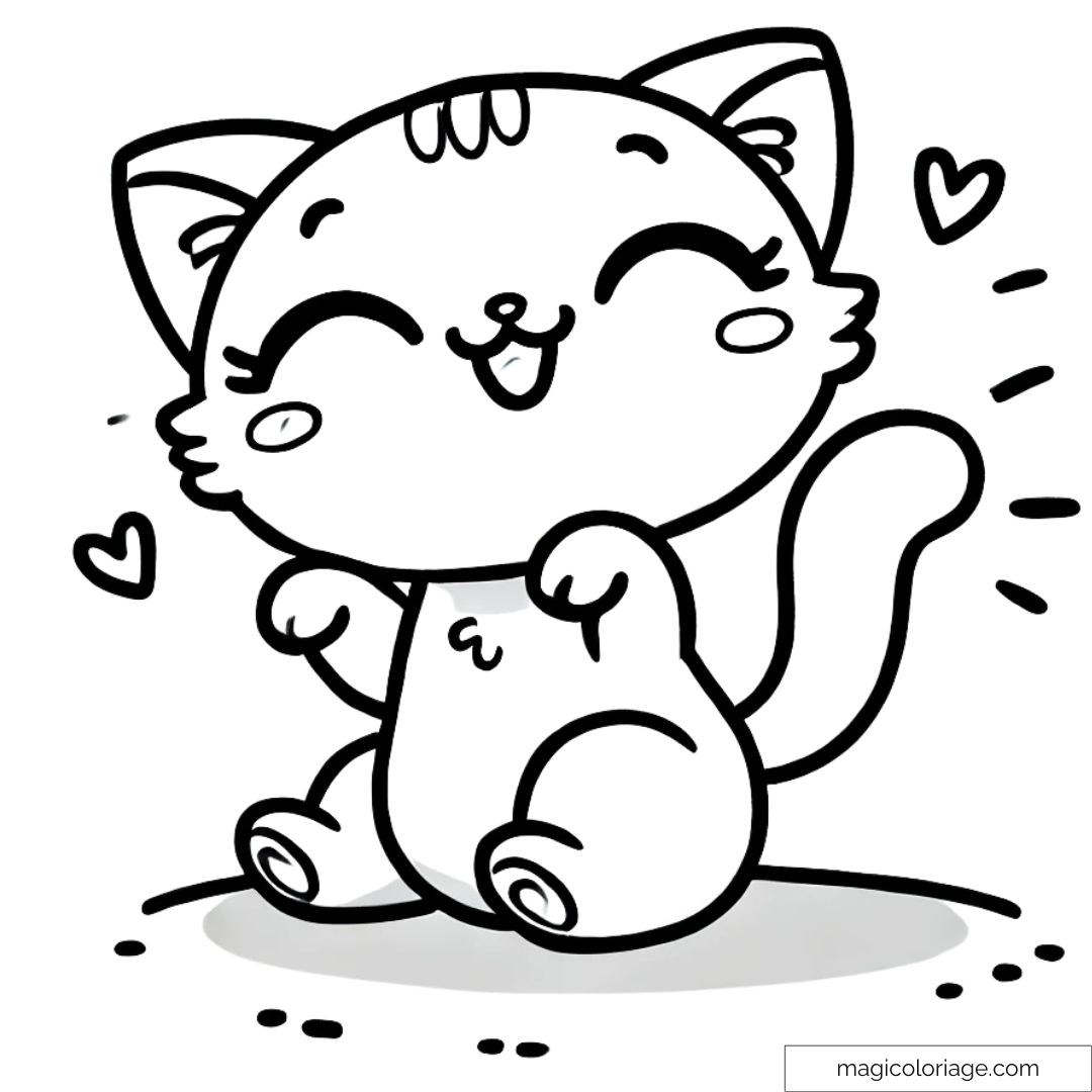 Coloriage à imprimer d'un chaton heureux, souriant avec la queue levée, idéal pour la maternelle.