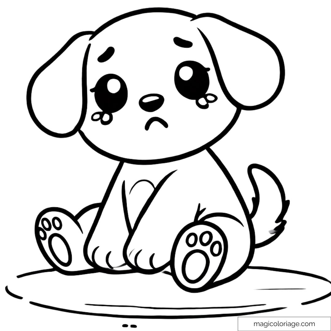 Coloriage d'un chiot assis, exprimant de la tristesse avec les oreilles tombantes.