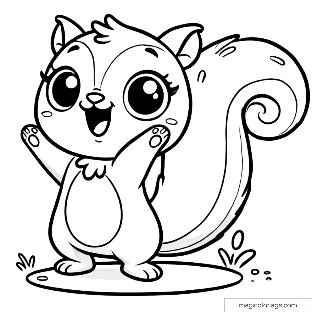Coloriage à imprimer d'un écureuil excité, debout sur ses pattes arrière avec la queue haute.