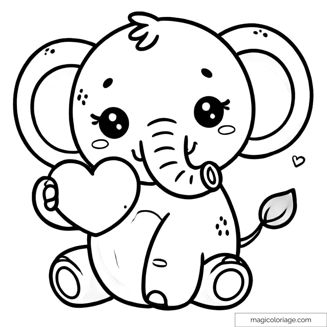 Coloriage à imprimer d'un éléphant tenant un cœur avec sa trompe et un doux sourire.