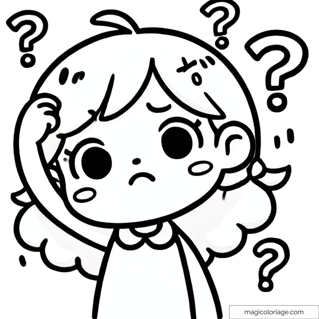Coloriage à imprimer d'une fille confuse, se grattant la tête avec une expression perplexe.