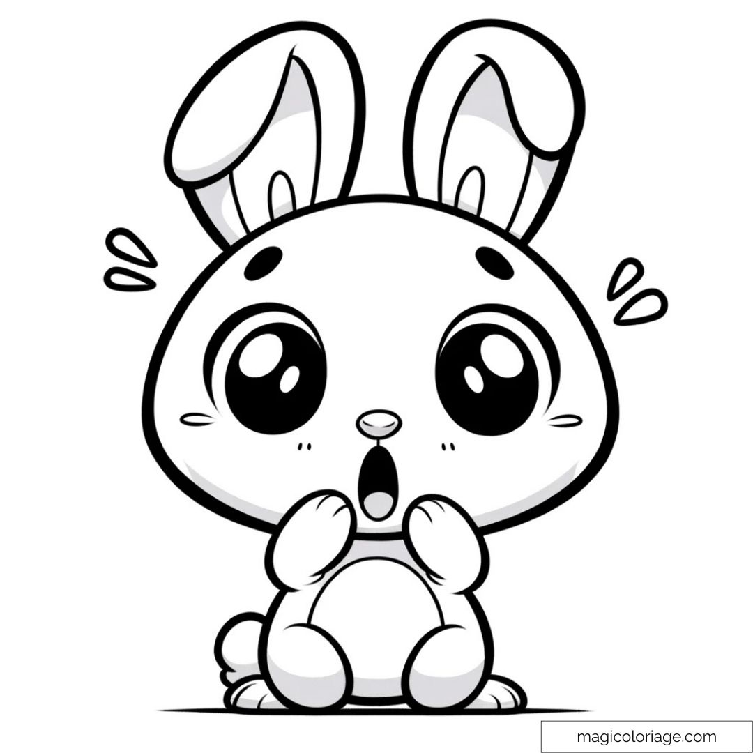 Dessin à imprimer d'un lapin avec un air de surprise, les oreilles levées et les pattes sur la bouche.