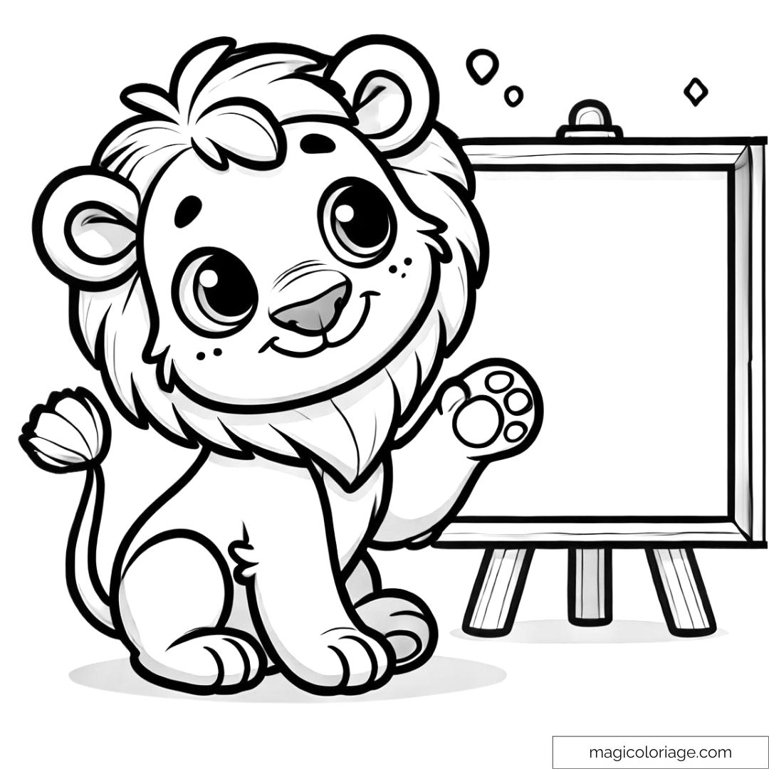 Coloriage à imprimer d'un lion curieux, la tête inclinée sur le côté et une patte levée.