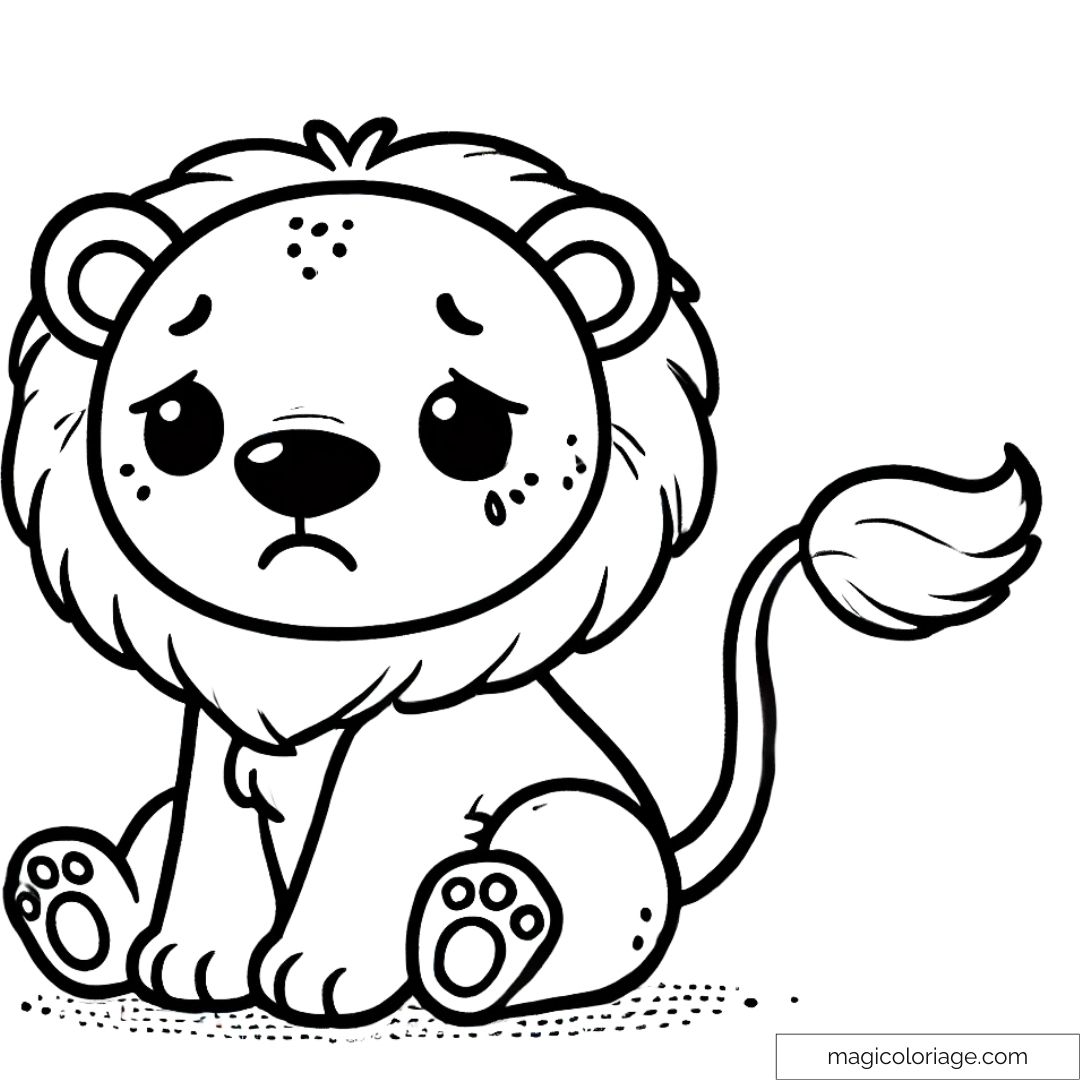 Coloriage à imprimer d'un lion triste, assis avec une expression abattue, la queue tombante.