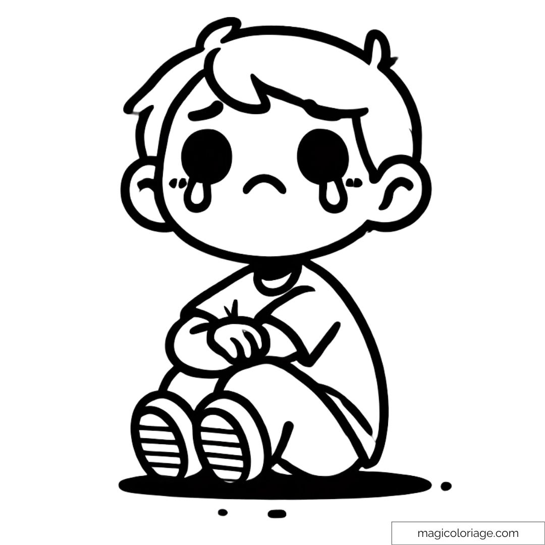Coloriage d'un petit garçon assis, montrant de la tristesse avec des larmes aux yeux.