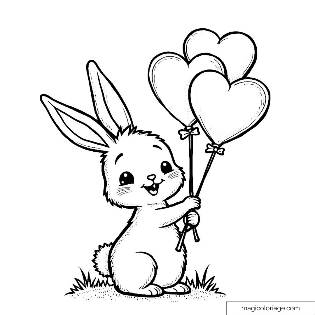 Dessin de lapin avec ballons en forme de cœur