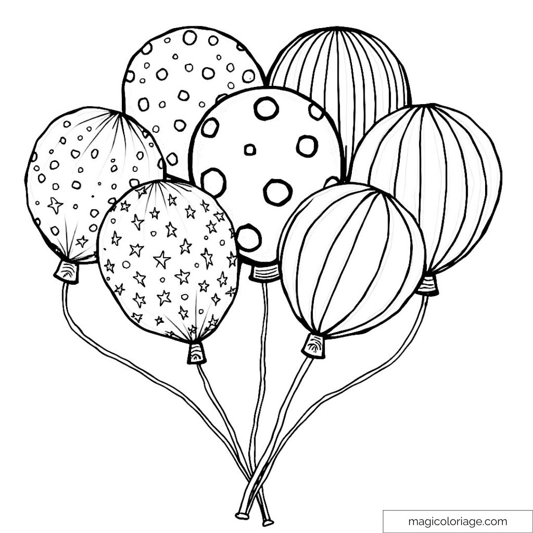 Six ballons à motifs variés prêts à être coloriés
