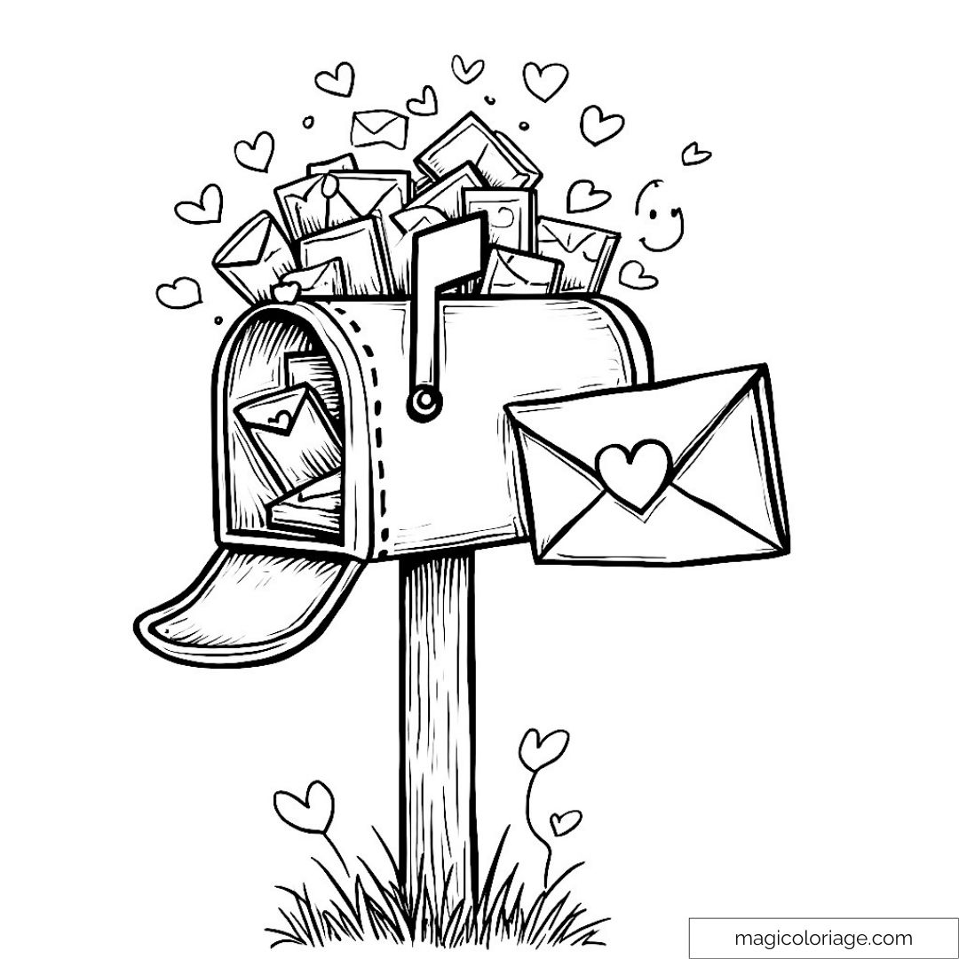 Image d'une boîte aux lettres débordante de lettres d'amour et de cœurs.