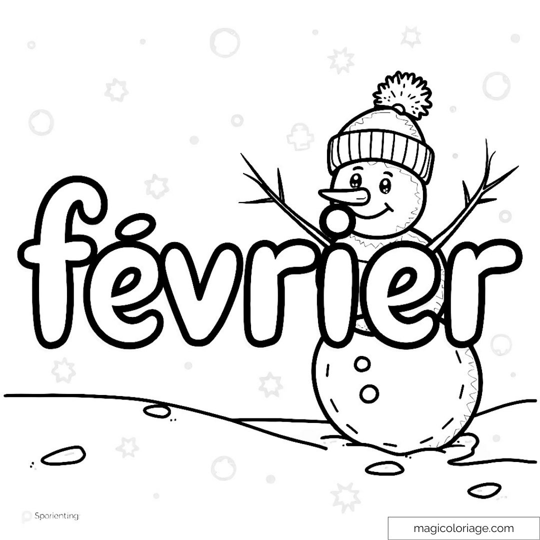 Coloriage avec le mot "février" et un bonhomme de neige heureux.