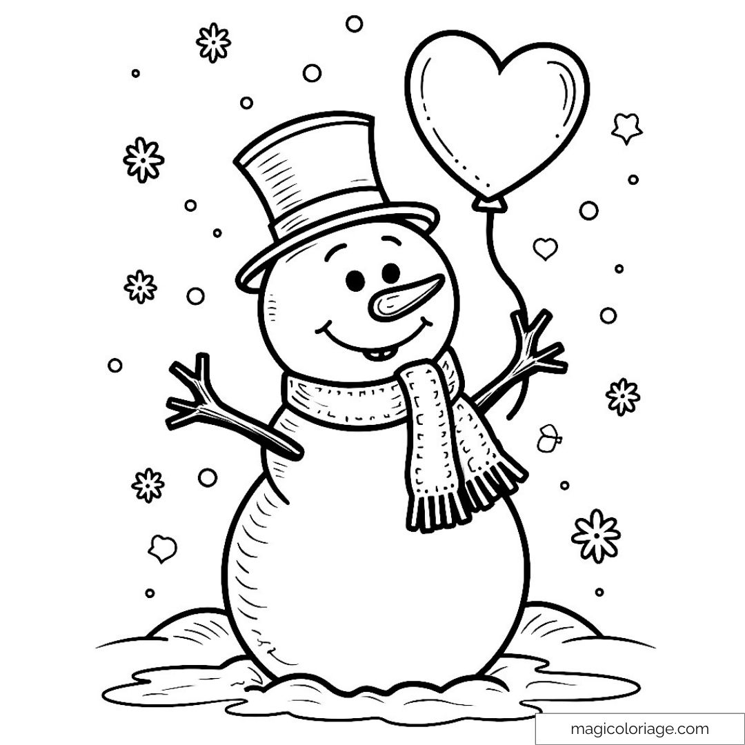 Bonhomme de neige avec chapeau et ballon cœur