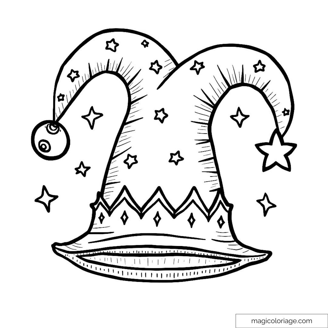Dessin d’un chapeau de bouffon avec étoiles et clochettes magique.