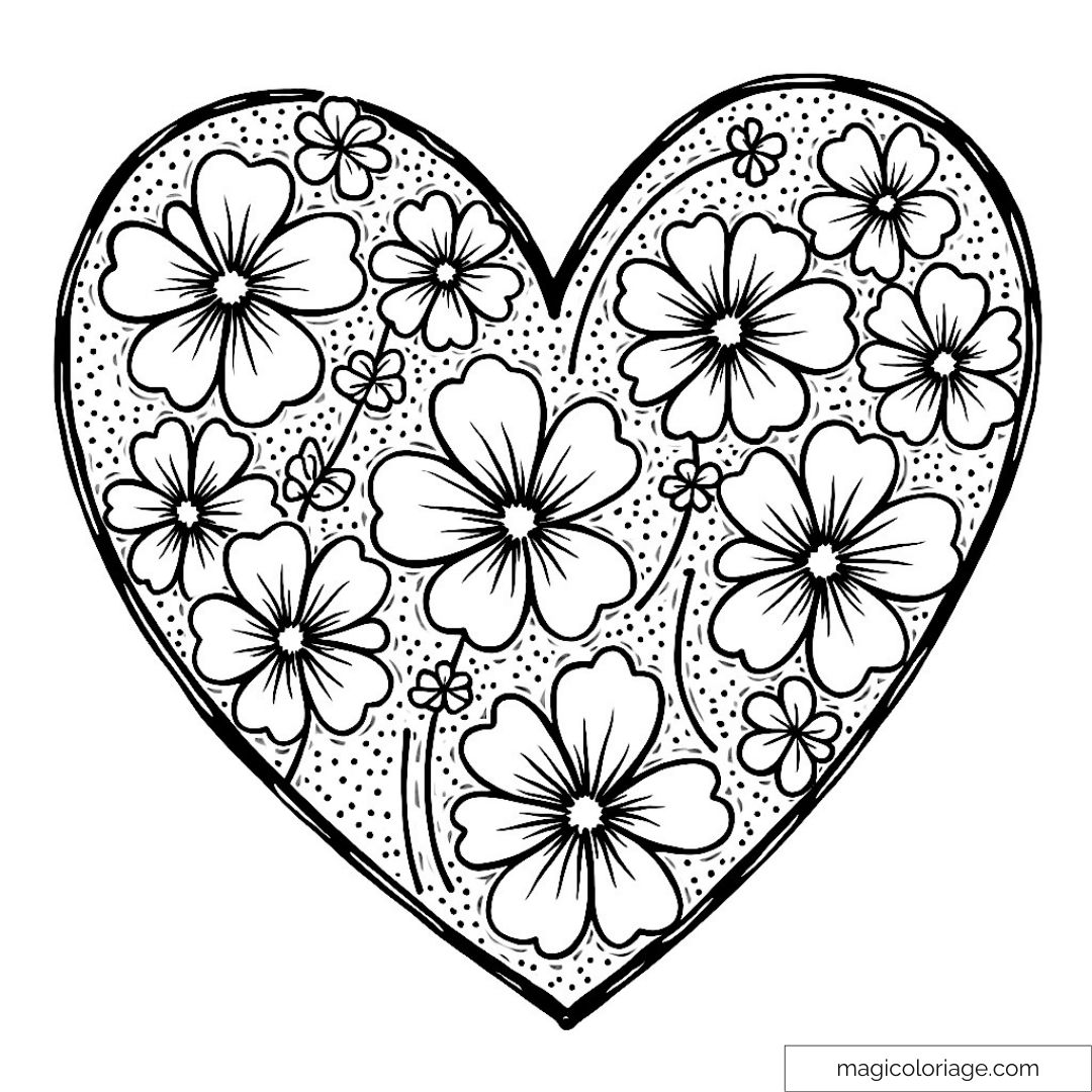 Image d'un cœur rempli de fleurs pour coloriage et créativité.