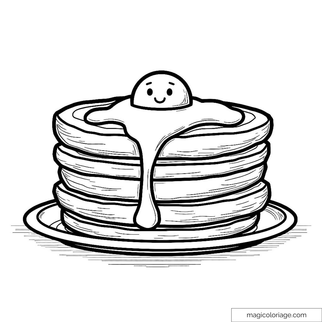 Dessin de pancakes empilés avec un visage souriant