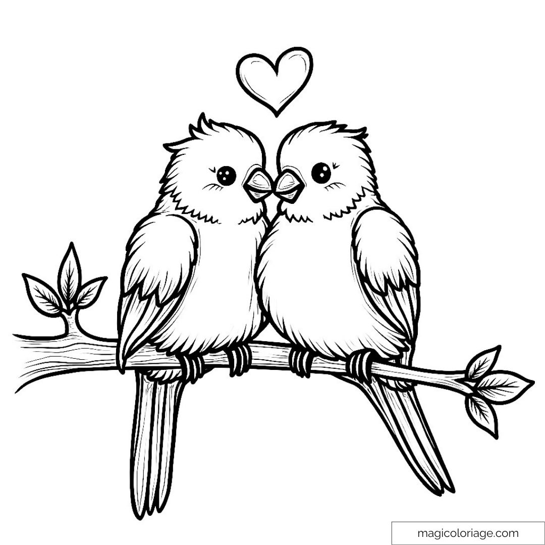Oiseaux amoureux perchés sur une branche avec un cœur.