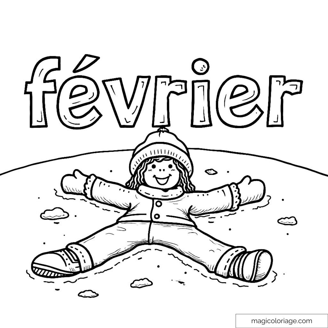 Enfant faisant un ange dans la neige avec le mot "février".