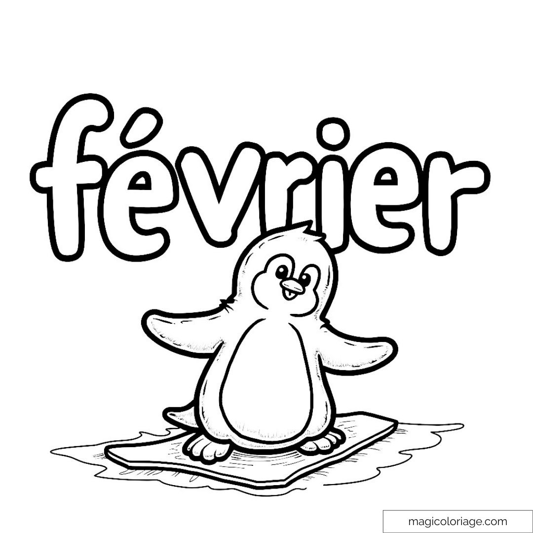 Coloriage d'un pingouin sur la glace avec le mot février en arrière-plan.