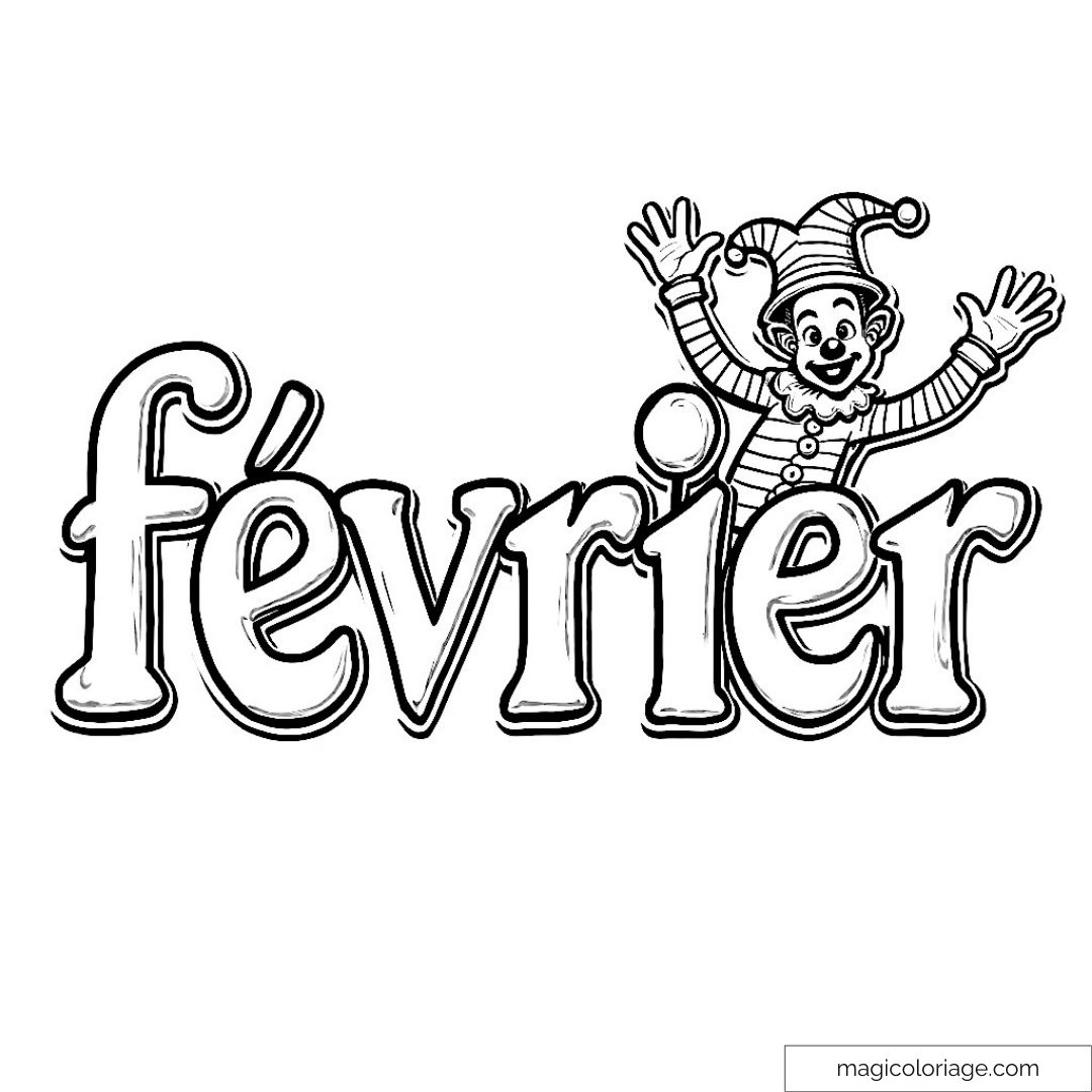 Dessin du mois de février avec clown souriant à colorier.