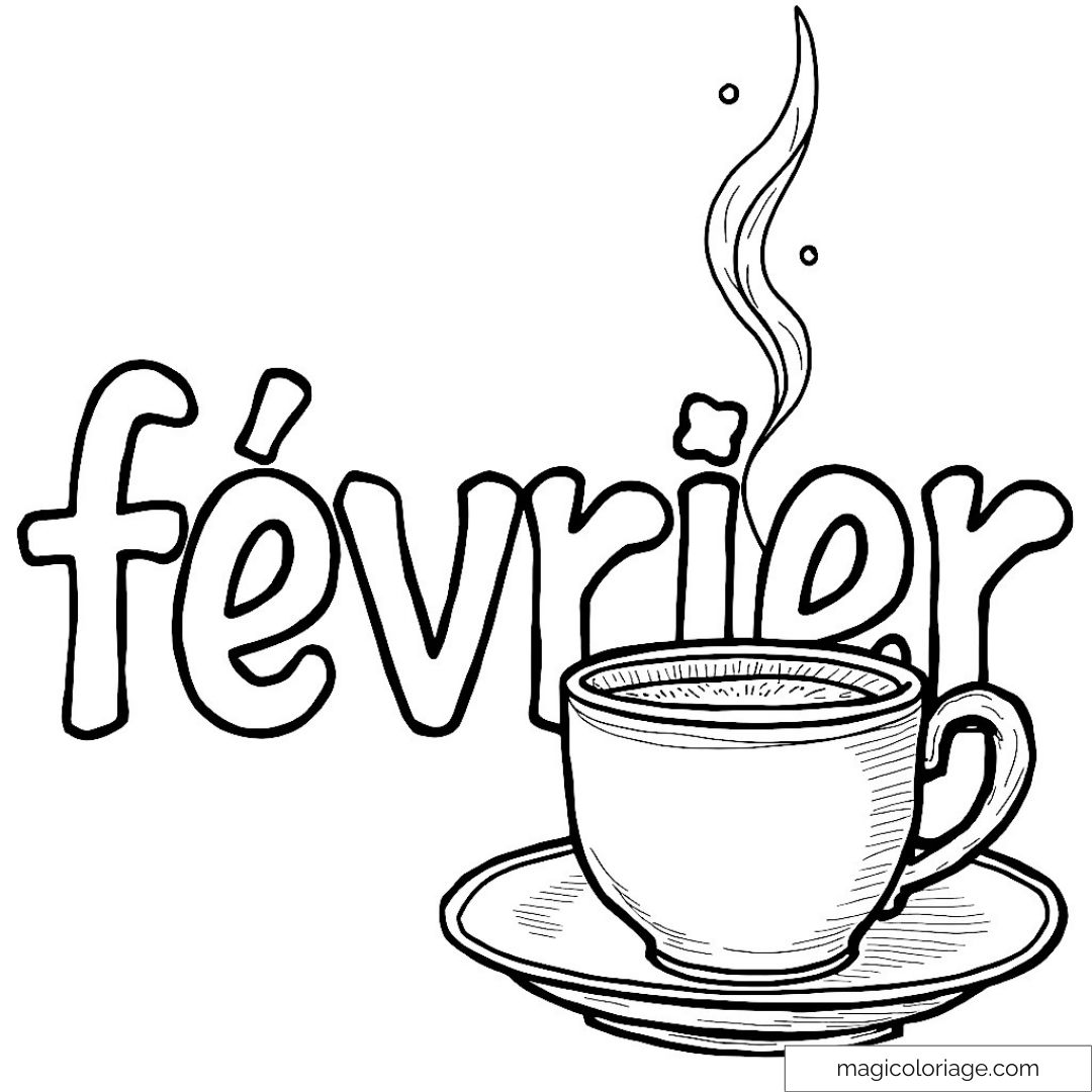 Dessin à colorier de février avec tasse de thé fumante