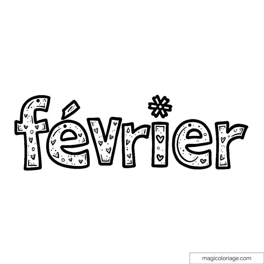 Illustration du mot "février" avec des dessins à colorier pour enfants.