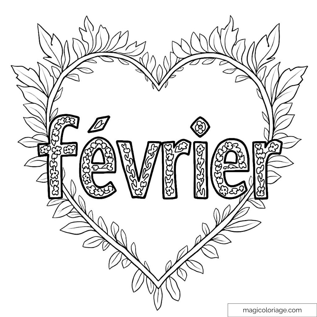 Coloriage "Février" avec feuillage en forme de cœur