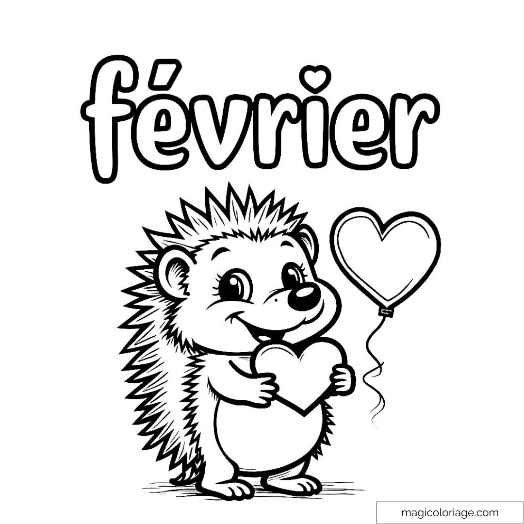 Hérisson avec ballon en forme de cœur et mot "février"